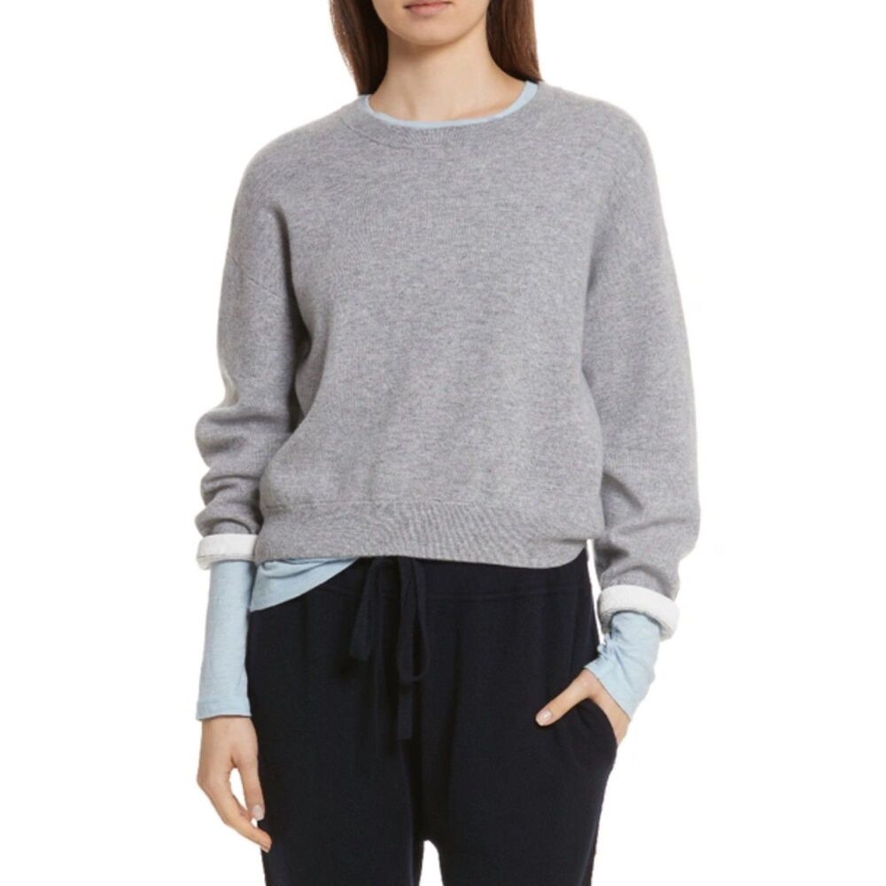 VINCE Double Layer Cashmere/Cotton Gray Dropped Shoulder Crewneck Cozy Sweater M